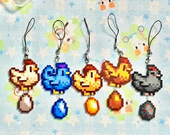 Stardew Valley Pixel Chicken Egg Charms | Colorful Farm Animal Phone Charm & Fridge Magnet