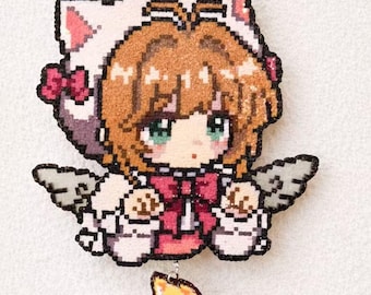 Handmade Cardcaptor Sakura Pixel Art Charm | Kawaii Anime Keychain, Fridge Magnet or Wall Decor | Sakura & Kero-chan Magical Girl Gift