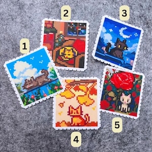 Imán y llavero con sello de Stardew Valley / Cuentas Perler de pixel art hechas a mano / Regalo acogedor para gamers / Decoración para nevera con el gato Junimo / Merchandising de juegos independientes Stamp no Text