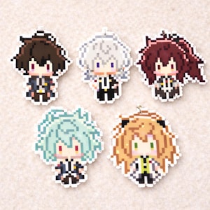 May include: Five pixel art character charms with different hair colors: brown, white, maroon, teal, and orange. Each charm has a black and white outfit and a small metal loop for hanging.