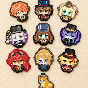 May include: A collection of ten pixel art style character pins made from fused plastic beads. The set includes various figures with distinct hair colors, hats, and outfits, arranged in a grid pattern, featuring a small dog figure at the bottom.