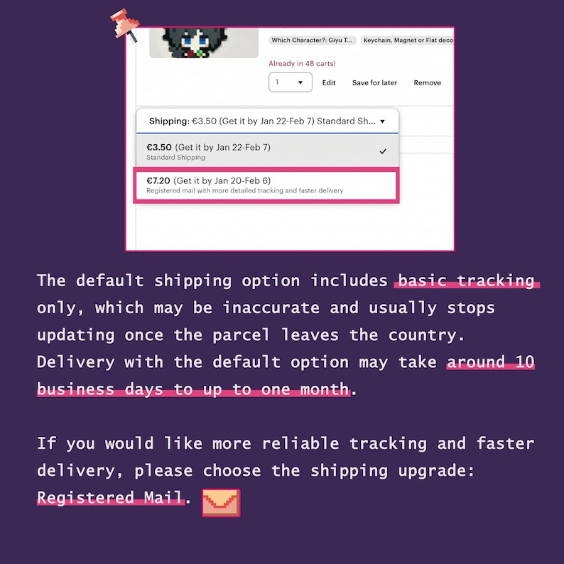 Puede incluir: Captura de pantalla de un anuncio de Etsy con opciones de env&iacute;o. La imagen muestra un men&uacute; desplegable con dos opciones: Env&iacute;o est&aacute;ndar y Correo certificado. El texto explica las diferencias en seguimiento y plazos de entrega.