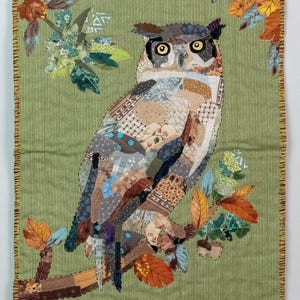Owl on Branch with Embroidered Accents | Original Patchwork and quilted