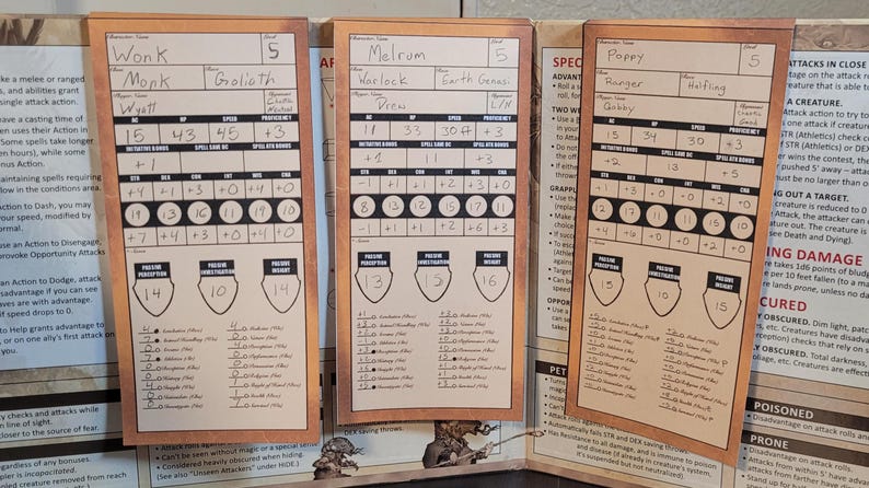 May include: Three character sheets for a tabletop role-playing game, each with a wooden frame. The sheets feature character names, stats, and game mechanics. The characters are named Wonk, Malrum, and Poppy.