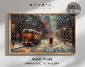 Winter Romance Frame TV Art, Snowy Tram, Hearts (Digital Download)