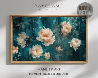 Frame TV Art – Teal Floral Abstraction with Soft Blush Peonies (Digital Download) TV330