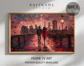 Frame TV Art, Romantic Rainy Bridge Walk with Rose Petals (Digital Download) TV4084