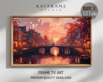 Frame TV Art, Romantic Couple on Amsterdam Canal Bridge at Sunset (Digital Download) TV4085