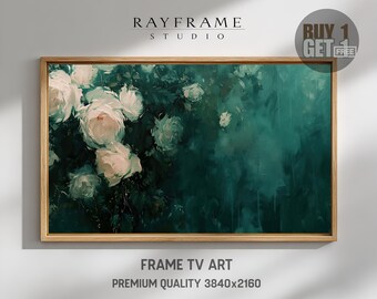 Frame TV Art – Deep Emerald Floral with Ivory Roses (Digital Download) TV332