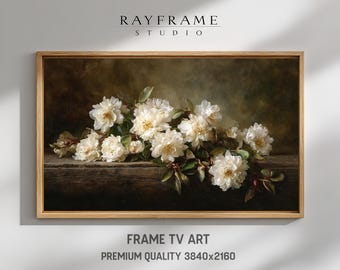 Vintage White Roses Oil Painting, Floral Frame TV Art (Digital Download) TV61