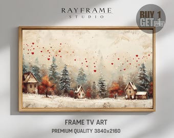 Winter Village Frame TV Art, Snowy Cottage Landscape (Digital Download)