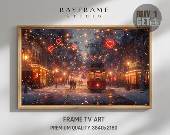 Winter Tram Frame TV Art, Snowy Cityscape with Heart Lights (Digital Download)