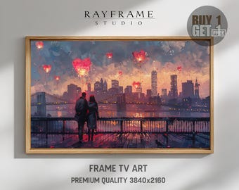 Frame TV Art, Couple Watching Heart Lanterns Over City Skyline (Digital Download) TV4086