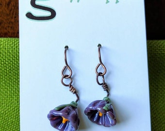 Ear Buds - Lampwork glass flower earrings - Purple