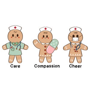 May include: Three gingerbread nurse characters with medical accessories and the words "Care", "Compassion", and "Cheer". The gingerbread nurses wear white caps with red crosses, stethoscopes, and face masks. One holds a large pink and green capsule.