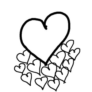 May include: A black and white illustration of a large heart surrounded by smaller hearts. The hearts are drawn with thick, bold lines, creating a simple yet striking design. The image is on a white background.