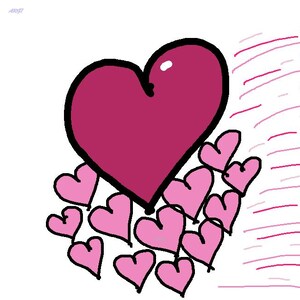 May include: A hand-drawn illustration featuring a large, dark pink heart with a black outline, surrounded by smaller pink hearts. The background is white with pink lines on the right side, creating a sense of movement.