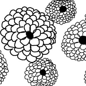 May include: Black and white floral pattern featuring stylized flowers with rounded petals and dark centers. The design is repeated across a white background, creating a simple yet striking visual.