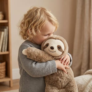 Puede incluir: Un peluche de perezoso con pelaje suave de color marrón claro, cara color crema, manchas oscuras alrededor de los ojos y una sonrisa bordada. El animal de peluche tiene brazos largos y un exterior texturizado y difuso con expresión amable.