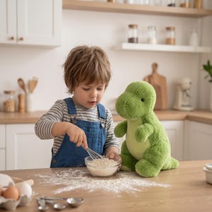May include: A plush green dinosaur toy with a soft, textured surface, rounded features, and a light green belly, positioned next to a clear glass bowl containing white flour and a metal whisk on a wooden kitchen countertop surface.