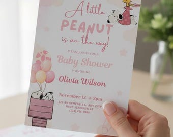 Pink Snoopy Peanuts Baby Shower Invitations Edible& Printable Canva