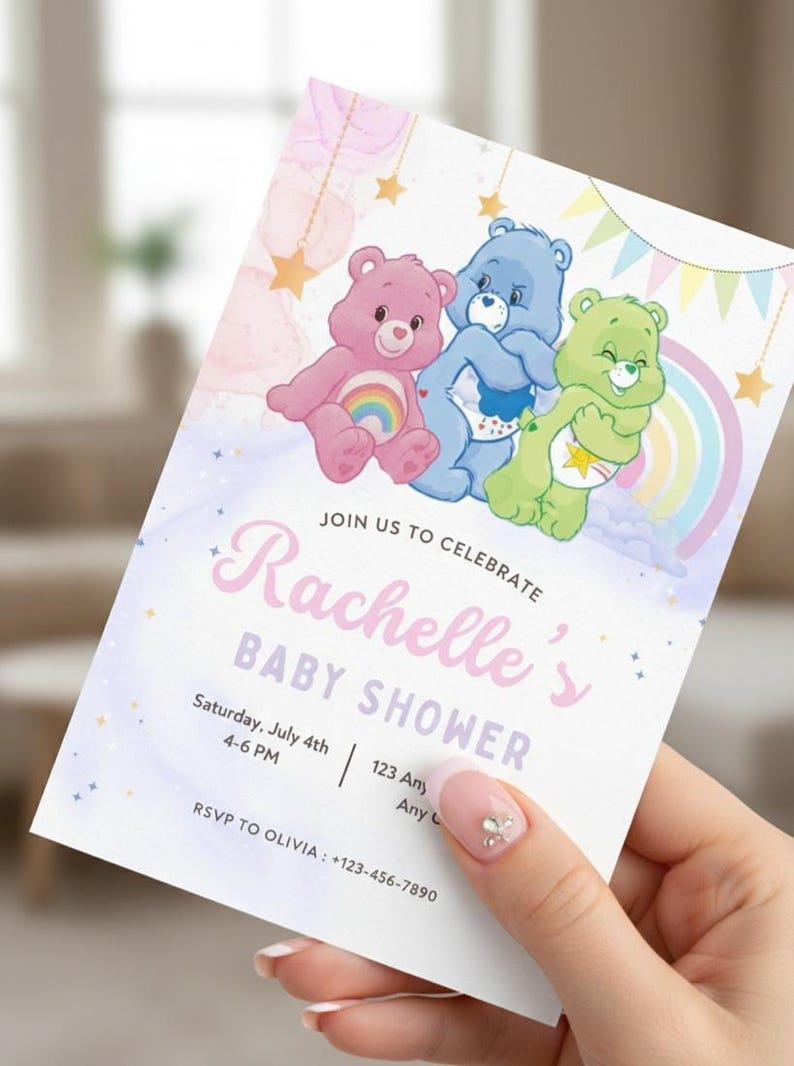 May include: Baby shower invitation featuring three cartoon bears in pink, blue, and green. The invitation includes the text "Rachelle's BABY SHOWER" with date, time, and RSVP information. The design incorporates pastel colors, stars, and a rainbow.