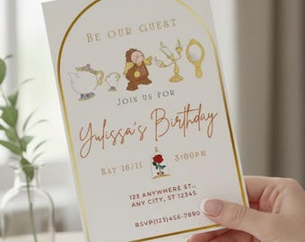 Invitaciones de cumpleaños de La Bella y la Bestia editables e imprimibles en Canva