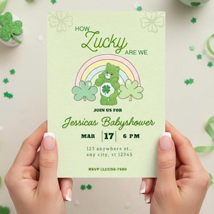 Invitación editable e imprimible para baby shower de "Qué suerte tenemos" con temática de San Patricio de "Ositos Cariñositos".