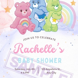May include: Baby shower invitation featuring three colorful Care Bears. The invitation includes the text "Join us to celebrate Rachelle's Baby Shower" with event details. A rainbow and stars decorate the background.