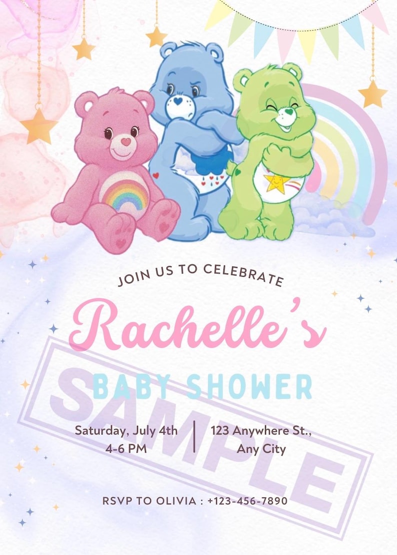 May include: Baby shower invitation featuring three colorful Care Bears. The invitation includes the text "Join us to celebrate Rachelle's Baby Shower" with event details. A rainbow and stars decorate the background.