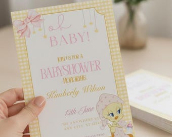 Tweety Bird Yellow Baby Girl Baby Shower Invitations (editble &printable) Canva