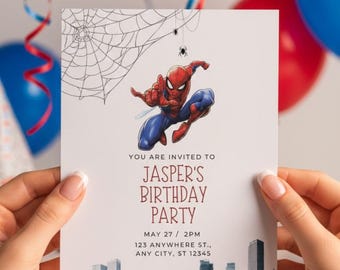 May include: A birthday party invitation featuring Spider-Man. The invitation includes the text "YOU ARE INVITED TO JASPER'S BIRTHDAY PARTY" with the date, time, and address. The design includes a cityscape at the bottom and a spider web.