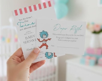 Thing 1 and Thing 2 Twins Gender Reveal Invitation with Diaper Raffle (Canva Editable and Printable