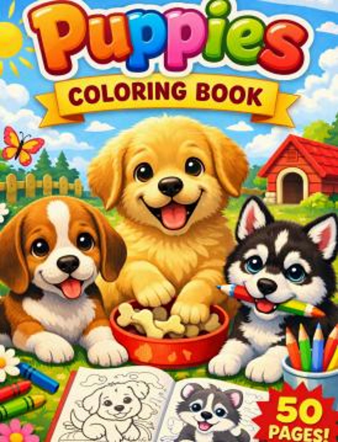 Puppies Coloring Book 1 Printable, Puppy Coloring Pages PDF, Cute Dog ...