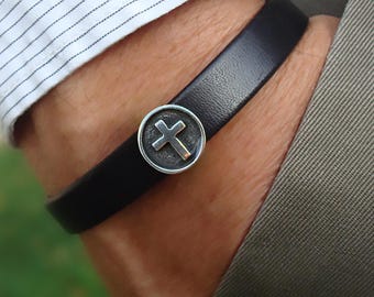 Cross Leather Bracelet, Christian, Various Colors, Genuine Leather, Magnetic Clasp, for Men and Women