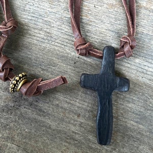 Hand-carved Ebony Wooden Cross,Made by 82 year old US Veteran,One-of-a-Kind,Deerskin Leather Necklace,Old Rugged Cross,Christian,Cross