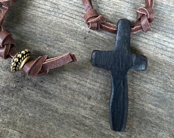 Hand-carved Ebony Wooden Cross,Made by 82 year old US Veteran,One-of-a-Kind,Deerskin Leather Necklace,Old Rugged Cross,Christian,Cross