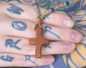 Hand-Carved Wood Cross Necklace, Miyuki Beadwork, Veteran Made