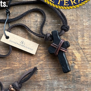 Hand-carved Ebony Wooden Cross, Made by 82 year old US Veteran,One-of-a-Kind,Deerskin Leather Necklace,Old Rugged Cross,Christian,Cross
