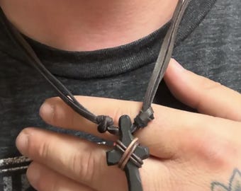 Hand-Carved Ebony Wood Cross Necklace, Deerskin Leather, Christian Jewelry