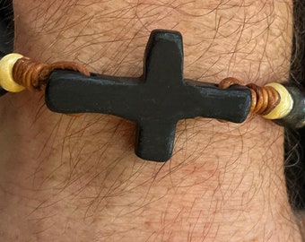 Hand-Carved Wooden Cross Bracelet, Bone Beads, 300 yr old Stone Closure