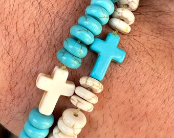 Stone Cross Heishi Bracelet, Men, Men Bracelet, Heishi Cross Beaded Jewelry, Christian Beaded Accessories, Stone Bracelet, Cross Bracelet