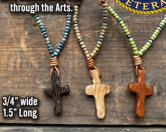 Hand-Carved Wooden Cross Necklace, Miyuki Beads, Leather Cord, Made in USA