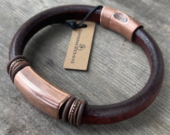 Men's Espresso & Copper Licorice Leather Bracelet: Free Shipping. Genuine Leather, Copper-Plated with Magnetic Clasp.