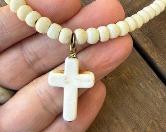 White Stone Cross Choker | Genuine Leather, Bone Beads, Adjustable Necklace