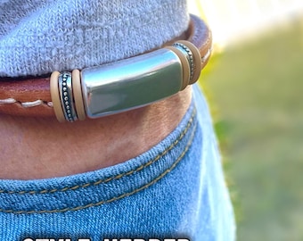 Tan Leather Bracelet: Unisex Stitched Design, Silver-Plated Clasp