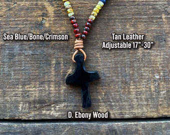 Hand Carved Wooden Cross Necklace, Miyuki Beads, Veteran Made