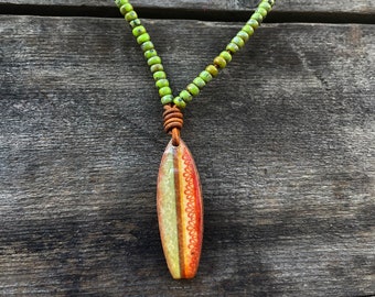 Hand-Carved Surfboard Necklace, Miyuki Glass Beads, Shell Closure