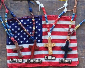 Hand-Carved Wooden Cross Necklace, Miyuki Beads, Veteran Made