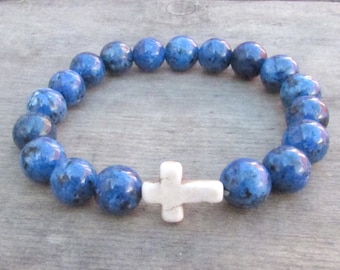 Blue Lapis Cross Bracelet, Christian, Cross, Men, Men Bracelet, Christian Beaded Jewelry, Lapis Beaded Accessories, Stone Bracelet, Lapis